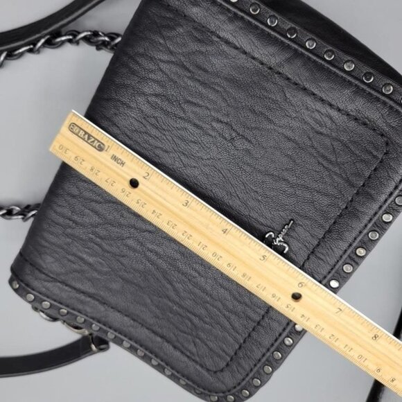 Jessica Simpson Black Leather Flap Messenger Bag w/ gunmetal chain & long strap - Picture 5 of 9